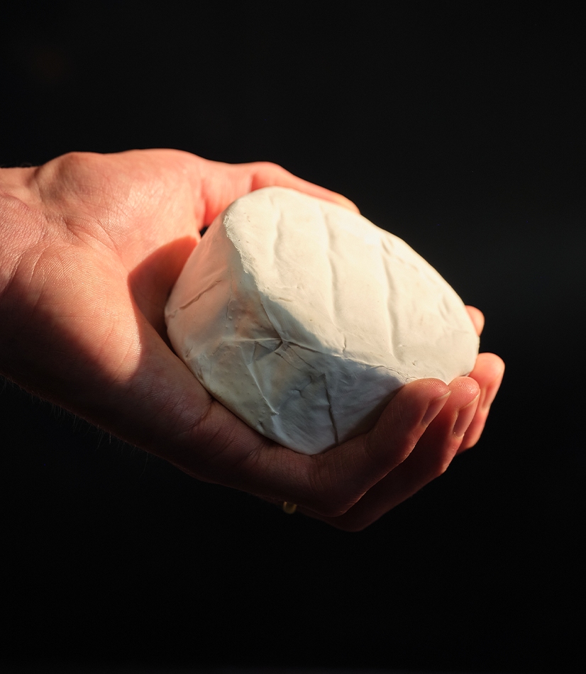 Longmans Bruton Brie presented on a hand with a black background.