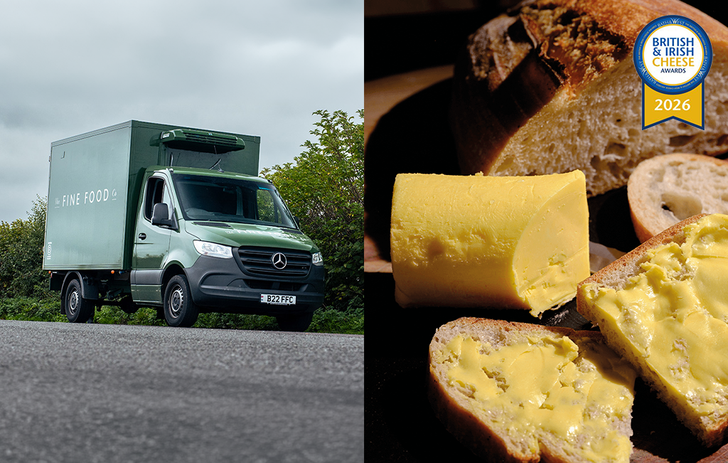 Two photos merged, The Fine Food Co van next to a selection of butters and bead.